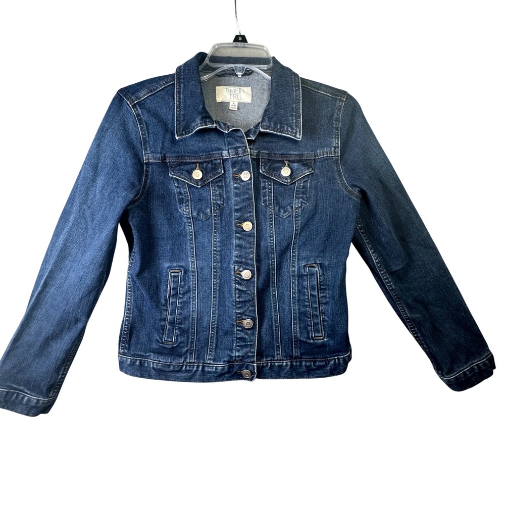 Time and Tru Denim Jacket Dark Wash Classic Stretch Casual Size S Small Blue